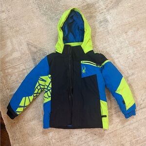 Spyder Kids' Blue and Neon Yellow Puffer Jacket and SKI PANTS